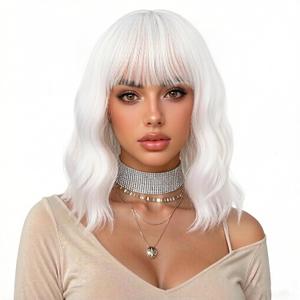 eNilecor White Wig,Short Bob Wig for Women, Curly Wavy Colored Wigs with Air Bangs, 14" Natural Looking Heat Resistant Synthetic Hiar Replacement Wigs for Party, Cosplay, Fun, Daily Wear