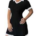 MakeMeChic Women's Contrast Binding Sweater Dress V Neck Collared Pleated Mini Dresses Black Medium