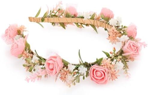 KorViSHOW Women's Pink Flower Headband - Girl Flower Headpiece Romantic Bohemian Lace Foam Headband for Wedding Decoration Party Birthday Dance Headwear Maternity Shoot Props