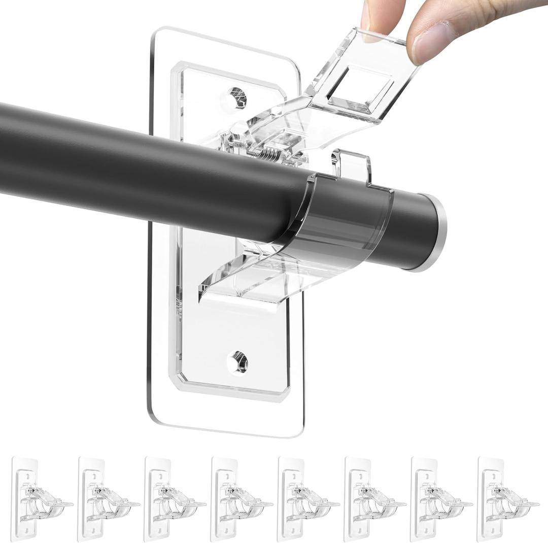 ANDGOO 8 Pack No Drill Curtain Rod Brackets, Holding Up to 17 lbs, PET Curtain Hangers, Nail-Free Adjustable Curtain Rod Holder for Bedroom, Bathroom, Living Room and Dorm (Transparent)