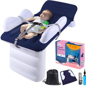 Inflatable Toddler Airplane Mattress, Blow Up Kids Travel Bed, Airplane Seat Extender, Inflatable Baby Mattress with Sides, Safety Belt, Manual Pump and Bag (Blue)