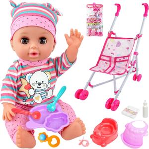 SMILESSKIDDO Baby Doll with Stroller, 14'' Soft Body Dolls with Accessories Includes Foldable Cart, Feeding Playset, Babydoll Pretend Play Toddler Toys Gifts for 1-4 Year Old