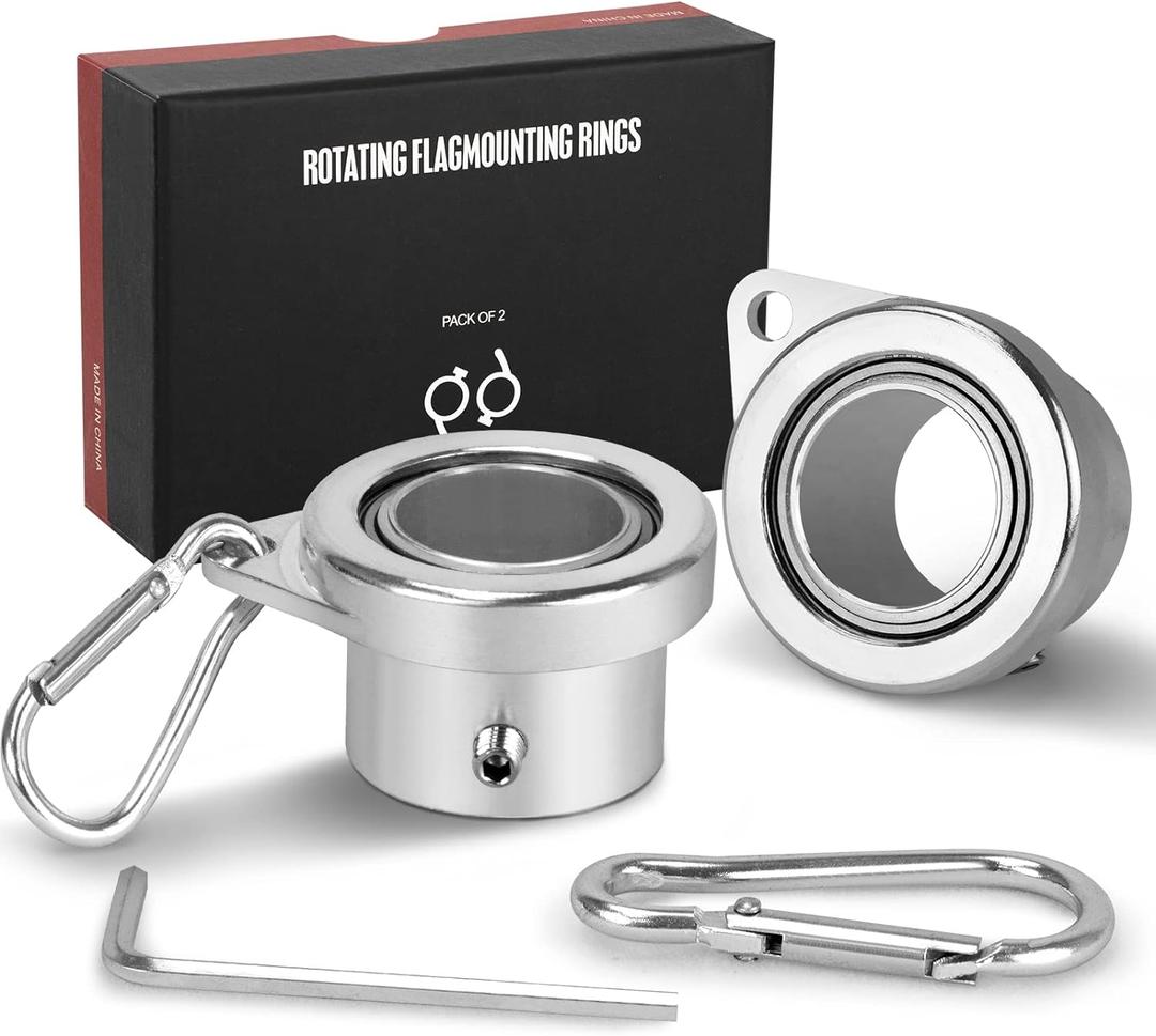 FLAG WIN Aluminum Alloy Flagpole Ring Set with Bearings 2 Pack, Anti Wrap 360Rotating Flag Mounting Ring Spinning Flag Pole Kit with Carabiner for 0.71-1.00 Inch Diameter Flagpole(Silver)