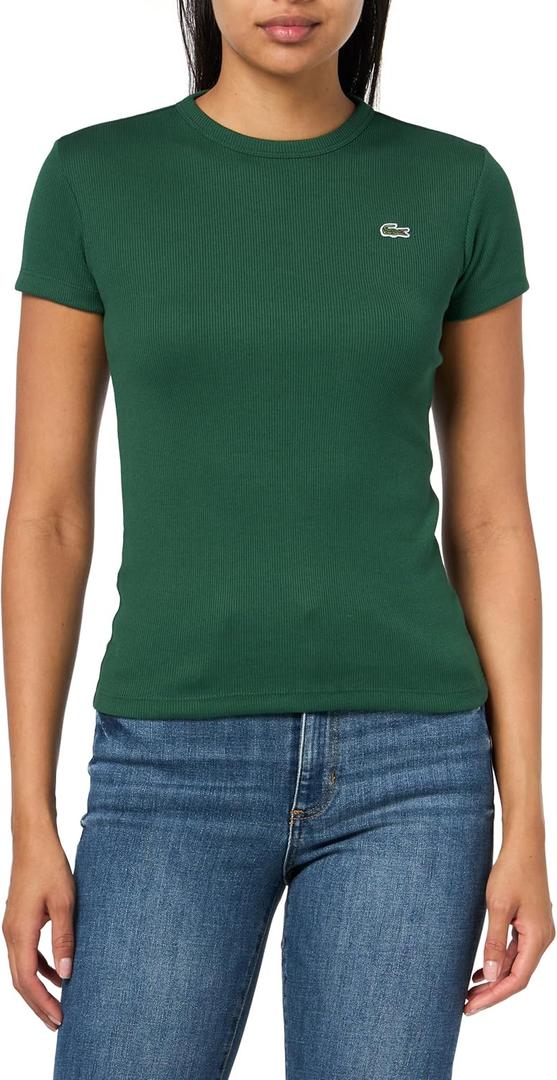 Lacoste Women's Slim Fit Ribbed Cotton T-Shirt (34, Green)