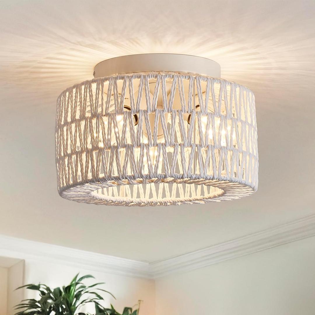 Rattan Light Fixtures Ceiling Mount, 3-Lights Boho Flush Mount Ceiling Light, Hand-Woven Cage Shade Lamp Lighting, Rustic Rattan Chandelier for Hallway Bedroom Kitchen Farmhouse Foyer Entryway (White)