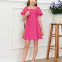 Haloumoning Girls Ruffle Short Sleeve Smocked Summer Dress Kids Square Neck A Line Flowy Mini Dresses 9-10 Years (Pink)
