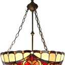 Bieye L12003 Tiffany-Style Stained Glass Baroque Ceiling Pendant Light, 3-Light Hanging Ceiling Fixture with Adjustable Chains (Red, 20 inches Wide)