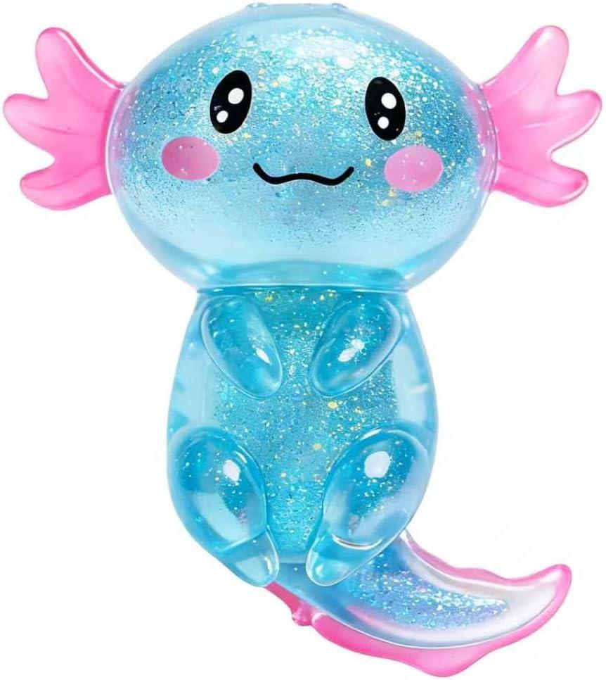 Glitter Axolotls Squishies Toy, Stretchy Axolotls Stress Ball, Soft Squeeze Sensory Fidget Toys for Kids Adults, Cute Easter Basket Stuffers Party Favors Classroom Prizes (Blue)