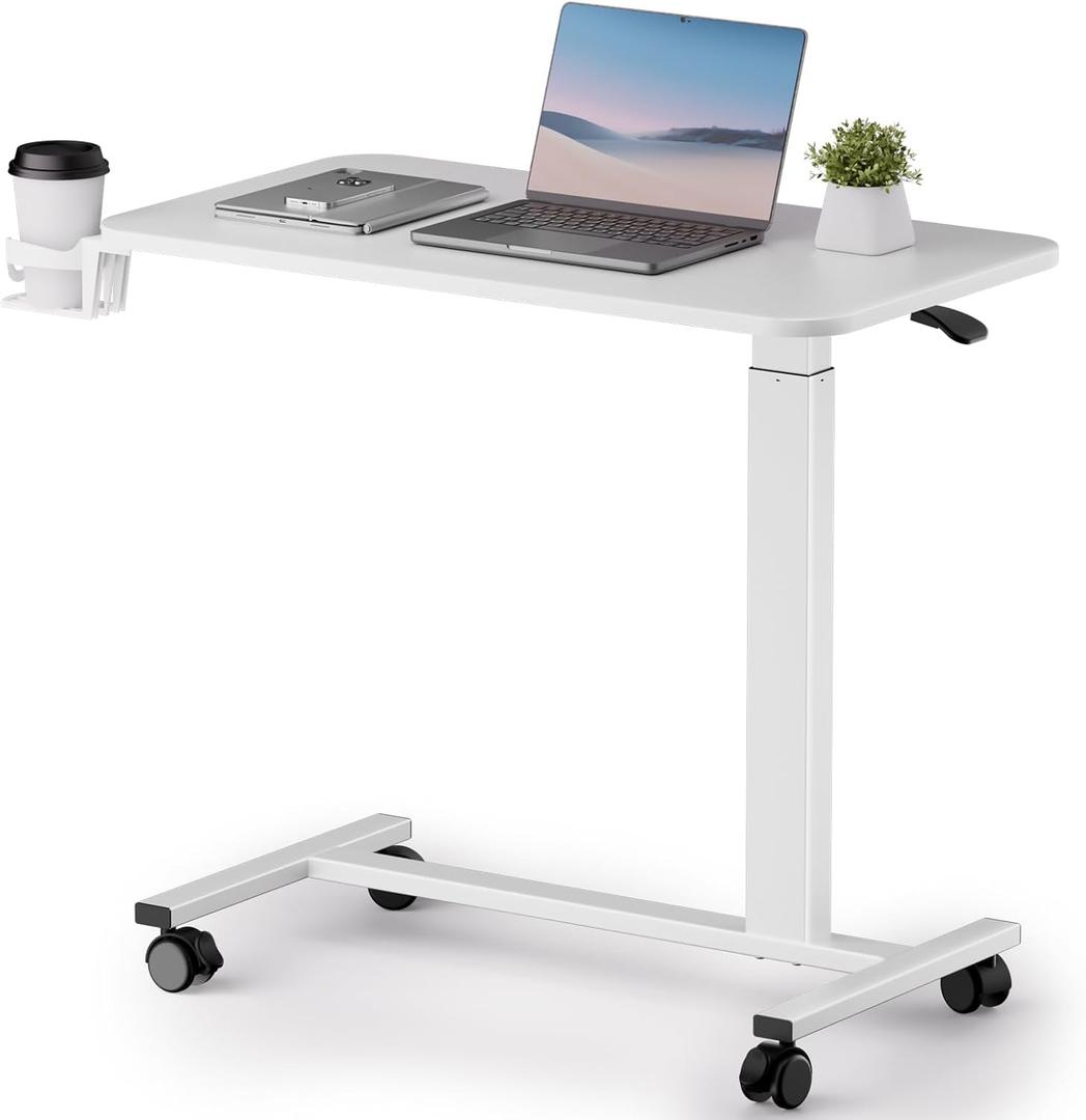COMHOMA Adjustable Overbed Bedside Table with Lockable Wheels, Pneumatic Mobile Standing Laptop Desk, Small Standing Desk Portable Rolling Overbed Table Hospital Home Use(32" W x 18" D, White) (Large)
