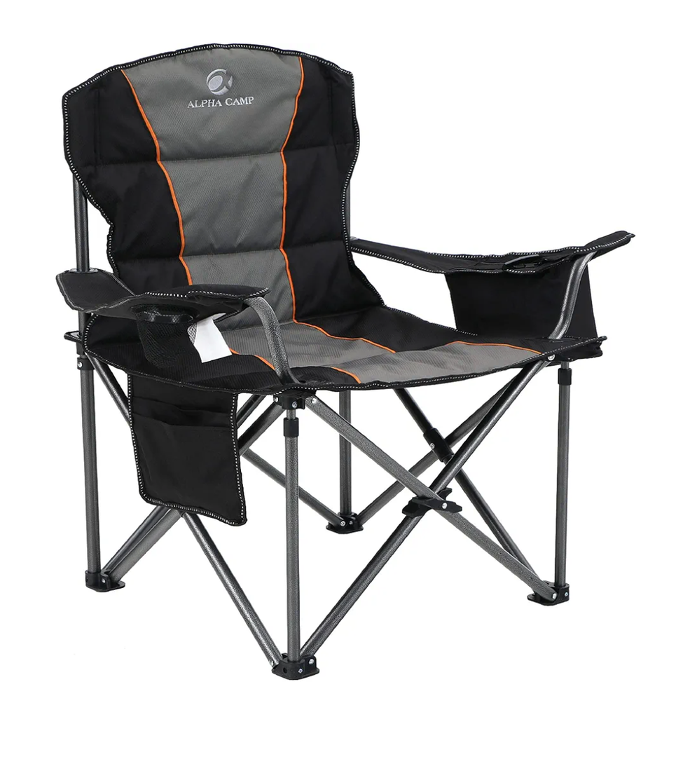 ALPHA CAMP Oversized Camping Folding Chair, Heavy Duty Support 450 LBS Steel Frame Collapsible Padded Arm Chair with Cup Holder Quad Lumbar Back, Portable for Outdoor