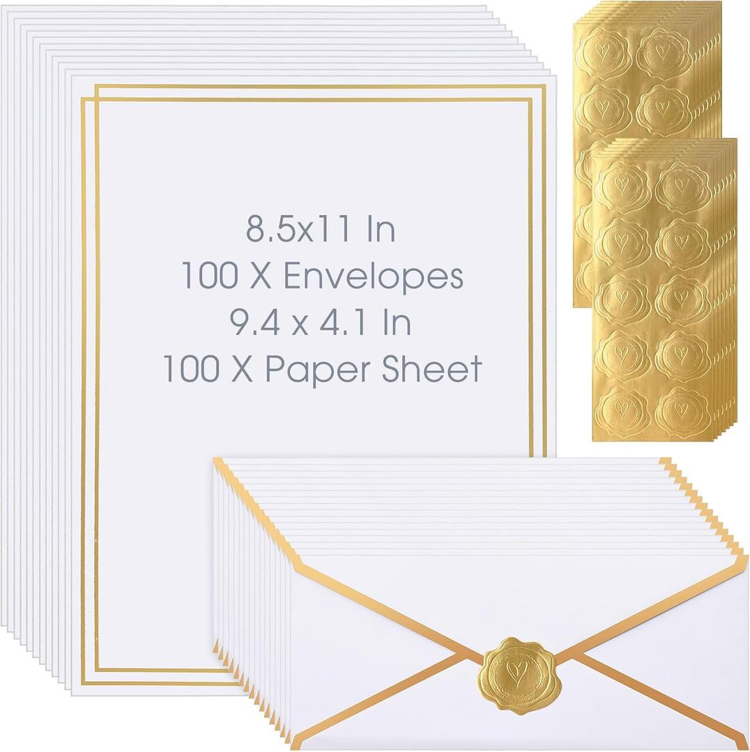 Gueevin 100 Pack White Stationery Set with Envelopes and Stickers Gold Border Letter Paper and Envelopes Set #10 Business Envelope 8.5x11 Paper Sheets and Stickers for Letter Writing Invitation