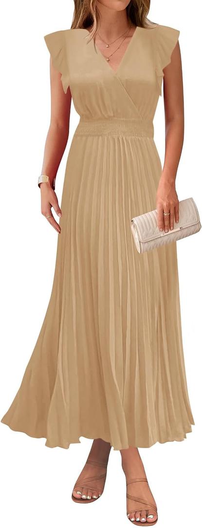 KIRUNDO Women's Summer Maxi Dresses Elegant V Neck Ruffle Flutter Sleeves Empire Waist Pleated Flowy Wedding Guest Dress (Beige, S)