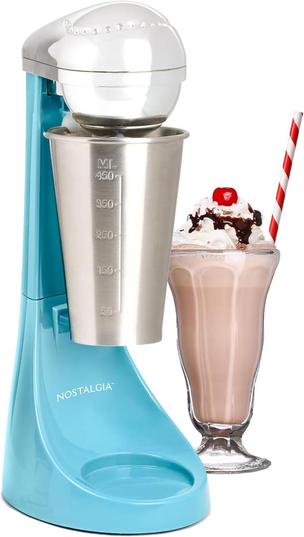 Nostalgia Two-Speed Electric Milkshake Maker and Drink Mixer, Includes 16-Ounce Stainless Steel Mixing Cup & Rod, Blue