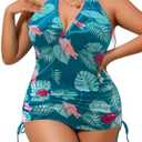 ChiaoLezhee Plus Size Tropical Halter Tankini, Sexy Cheeky Ruched Tummy Control, Curvy Womens Deep V Beach Vacation Swimsuit 5XL