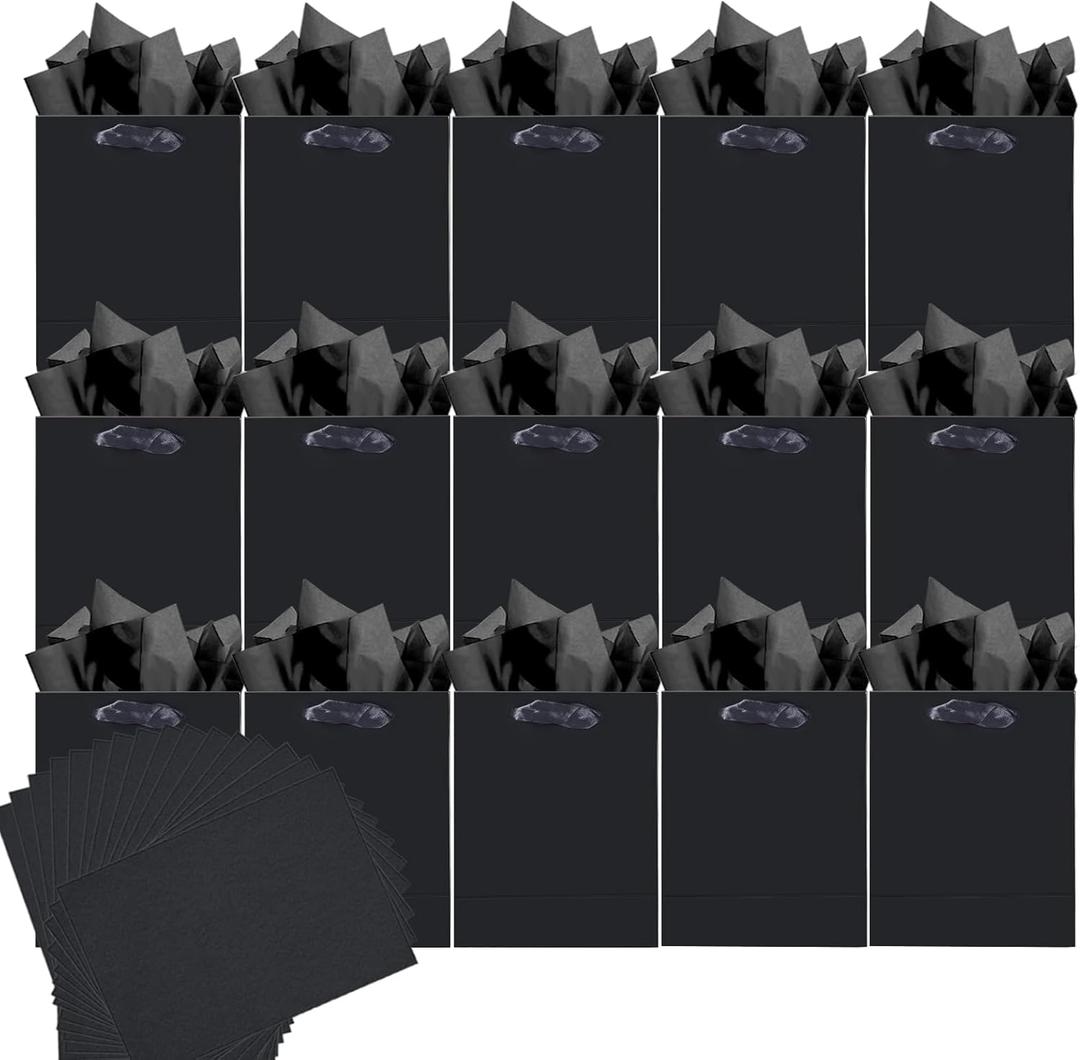 qiqee 24PCS Black Mini Gift Bags with Tissue Paper Handles 6.3"x4.7"x2.4" Small Size Present Party Favor 24pcs Bags, Tissue Paper