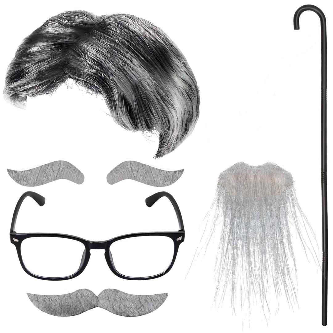 Old Man Wig And Mustache Set Grandpa Costume Accessories Kit With Grey Wig Fake Beard Eyebrows Cane Glasses for Men Adults teens (Grey wig set) (gray)