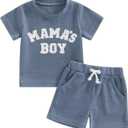 Kupretty Toddler Baby Boy Clothes Summer Embroidery Waffle Knit T-Shirt Tees + Casual Shorts Cute Clothing Set (Blue, S)