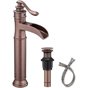 Antique Vessel Sink Faucet Waterfall Faucet for Bathroom Bowl Copper Open Spout Farmhouse Bath Tall Sturdy with Parts Pop Up Drain Stopper for Sink Vanity Single Hole Supply Line