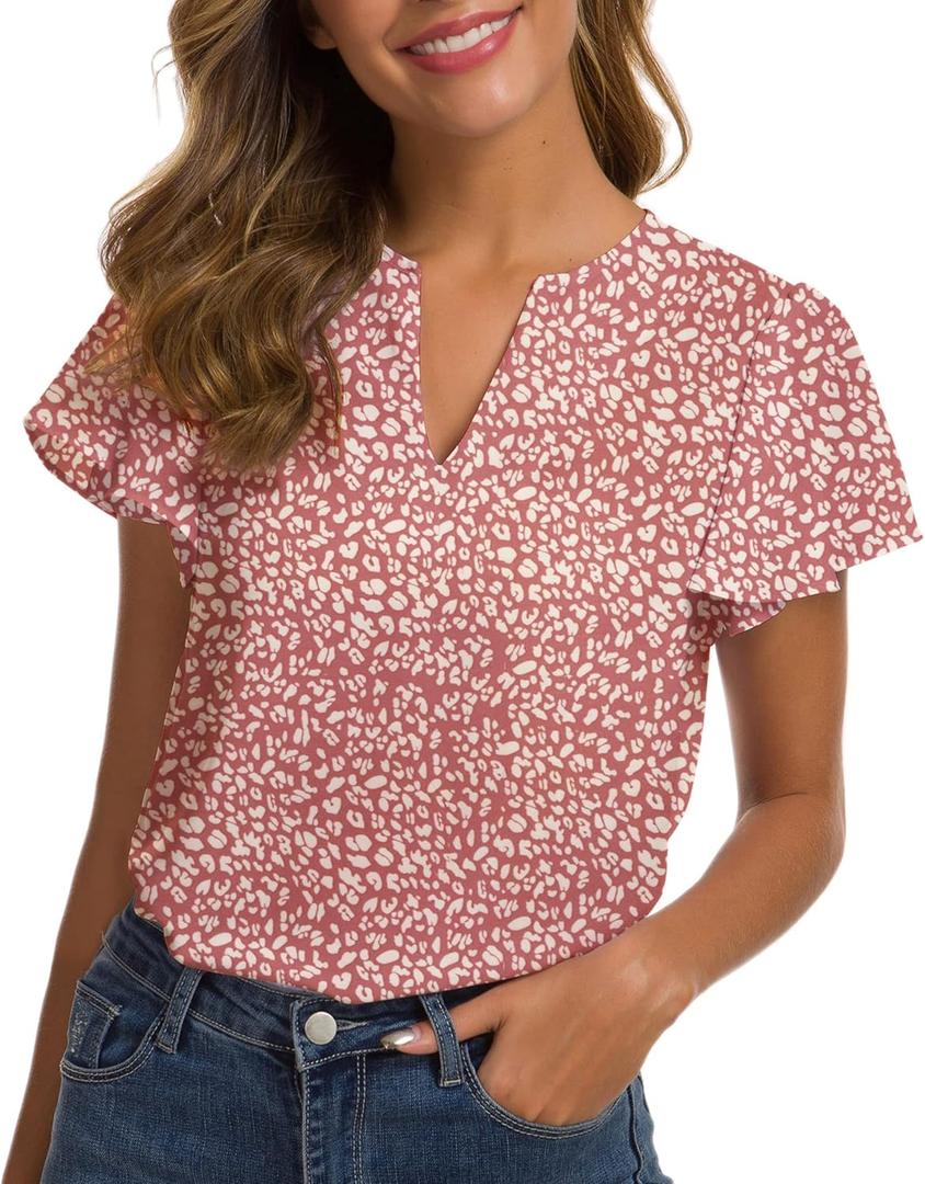 Women's Casual Ruffled V Neck Chiffon Blouse Short Sleeve Office Work Elegant Shirt Vintage Basic Tops (Pink Print)