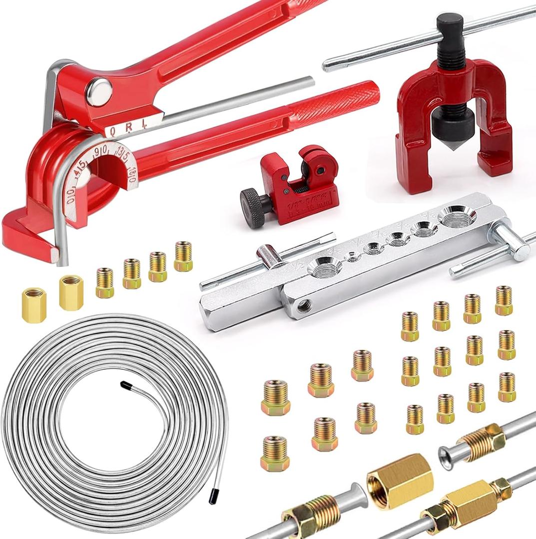 smseace 26Pack 3/16 Inch Brake line kit Include 25 FT Zinc-Plated Brake Lines with Fitting(16pcs Fittings,2pcs Union+4pcs Nut) Brake line Bender,Single Flare Tool,Cutter 3/16 Inch Brake Line Kit (Silver)