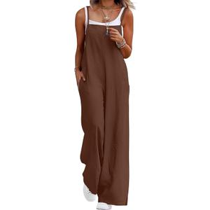 Lepunuo Womens Casual Loose Jumpsuits Summer Boho Wide Leg Rompers Sleeveless Overalls with Pockets (X-Large, Brown)