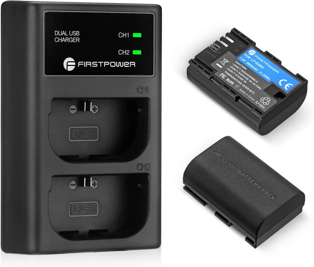 FirstPower LP-E6NH Battery and Dual USB Charger for Canon EOS R R5 R6 R7, 5D Mark II/III/IV, 5DS, 5DS R, 6D, 6D Mark II, 7D, 7D Mark II, 60D 70D 80D 90D Cameras (2-Pack, 2950mAh)