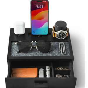 Holme & Hadfield Premium Wooden Phone Docking Station with Drawer – Nightstand Organizer for Charging Phone & Earbuds – Declutter Your Space with FeltLined Protection & Watch Pillar – Gift For Men