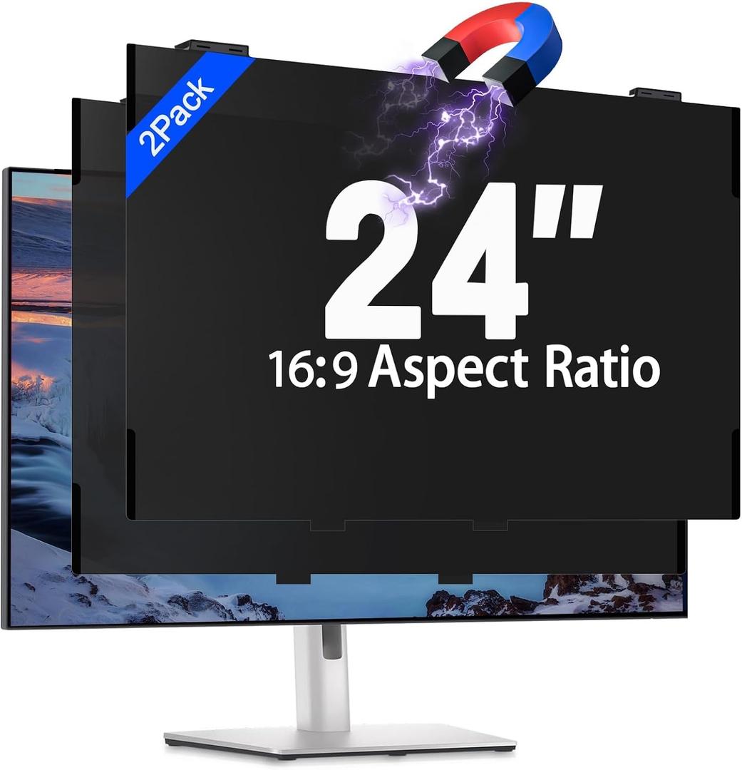 2 Pack Magnetic 24 Inch Computer Privacy Screen Filter for Monitor 16:9 Aspect Ratio, Removable Hanging Privacy Screen Shield, Anti Blue Light Filter, Anti-Glare Protector