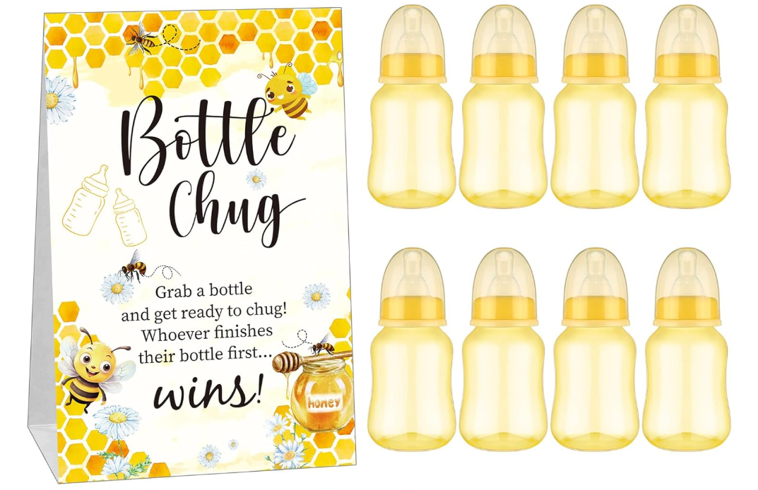 TrelaCo Bottle Chug Baby Shower Game 10 Pcs Baby Bottles Shower Favor with 1 Bee Theme Sign for Gender Reveal Party Supplies Gifts(Yellow)