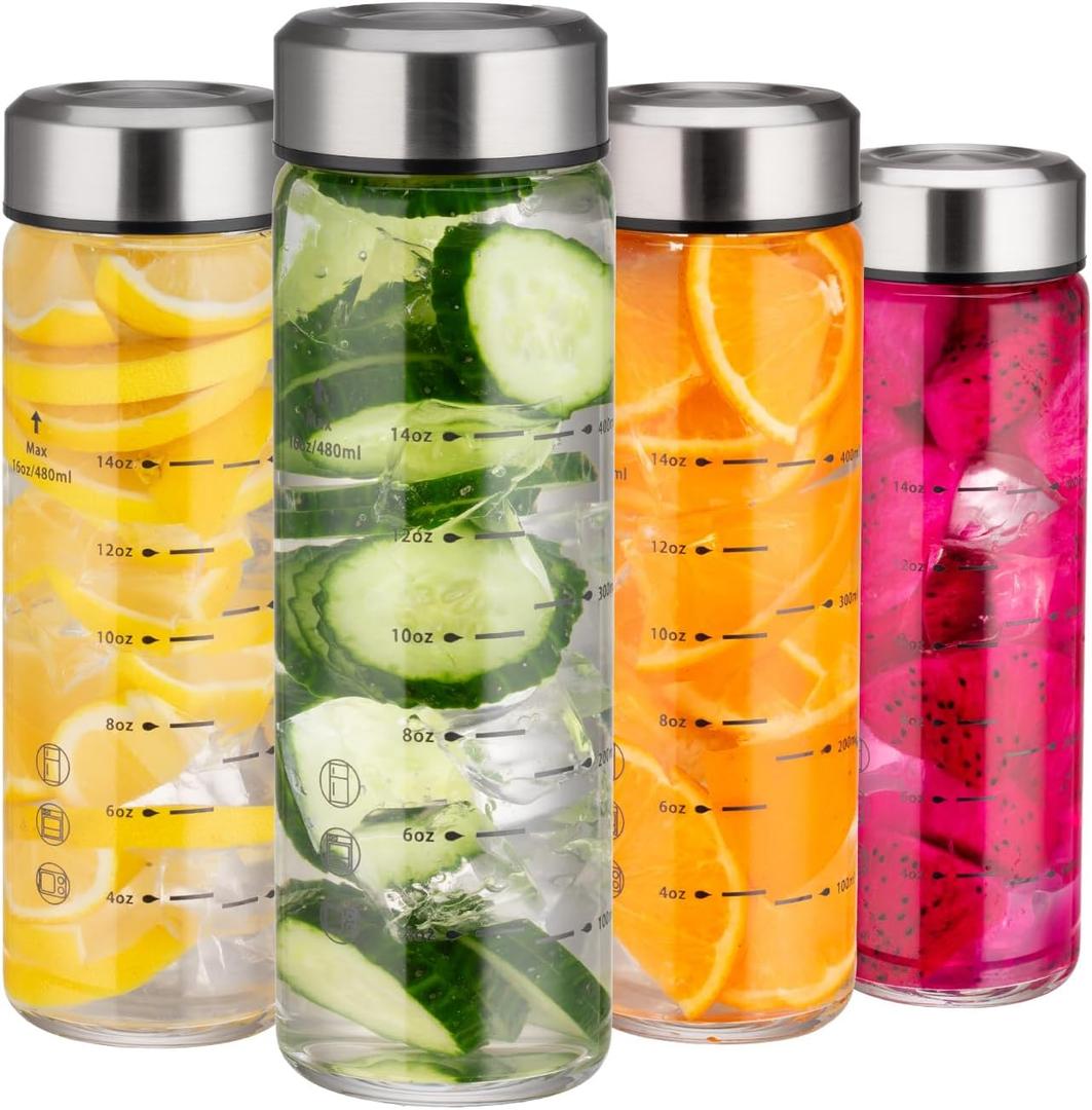 Glass Juice Bottles 16oz -4 Pack Wide Mouth Water Bottles with Lids for Juicing Reusable Juice Bottles for Smoothie Beverage Storage BPA Free Leakproof Borosilicate