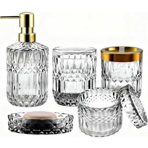 5Pcs White Bathroom Accessories Set, Glass Bathroom Accessories, Vintage Bathroom Countertop Decoration Includes Soap Dispenser, Toothbrush Holder, Qtip Holder,Soap Dish and Rinsing Cup