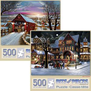 Bits and Pieces  Value Set of Two 500 Piece Jigsaw Puzzles for Adults  The Joys of Christmas, Winter Holiday Jigsaw Puzzles by Artist H. Hargrove, Completed Puzzle Size: 18" x 24"
