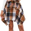 MakeMeChic Women's Plaid Flannel Mini Skirt Bow Tie Front Elastic High Waisted Asymmetrical Fall Winter Skirts (X-Large)