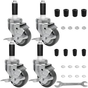 MySit 3 Inches Prep Table Wheels Set of 4, Expanding Stem Casters with Side Brake Fit 7/8", 1", 1-1/8", 1-1/4", 1-3/8"ID Tube Pipe Legs for Stainless Steel Kitchen Cart, Wire Shelving Racks
