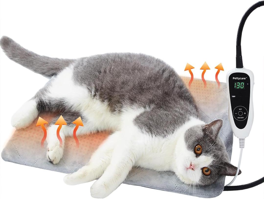 pettycare Pet Heating Pad for Dog Cat, Electric Heating with Steel-Wrapped Cord, 25-Level Timer & 11-Level Temperature Indoor Warming Pads Easy Clean for Puppy Cat Dog S 17.4x14inch (Grey)