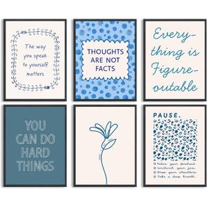 lyrae 6pcs Mental Health Wall Art Blue Inspirational Quotes Print Artwork Motivational Psychology Painting Pictures Wall Decor for Bedroom Office Home Decoration 8x10In Unframed