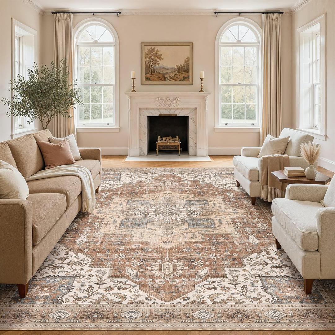 DTICON Vintage Washable 12x15 Area Rug Living Room Rugs, Brick Red