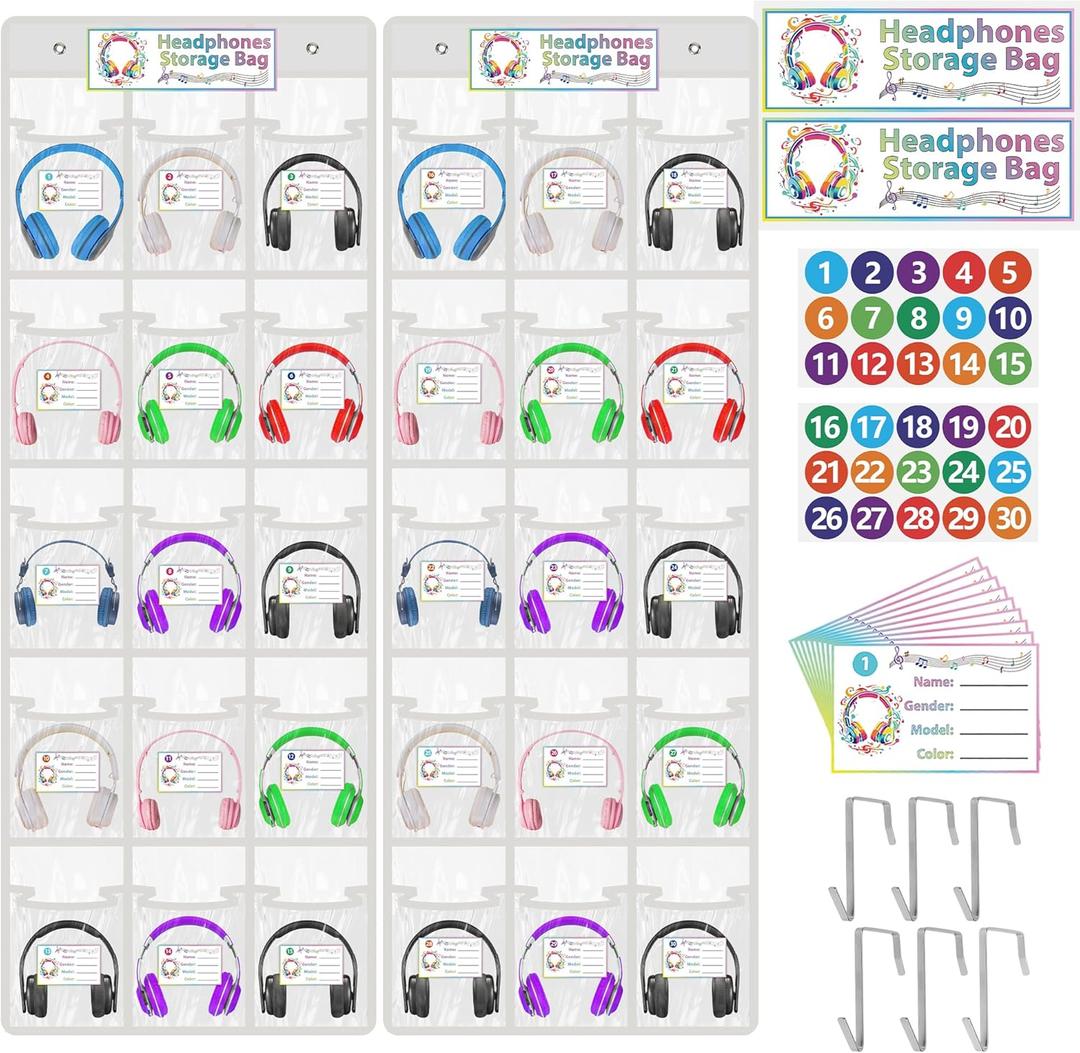 2+68P Classroom Headphone Storage Organize, 30Pockets Clear Earphone Hanging Storage Bags Classroom Over The Door Hanging Headphone Bags with 62P Stickers, 6P Hooks for Tidy Earphones