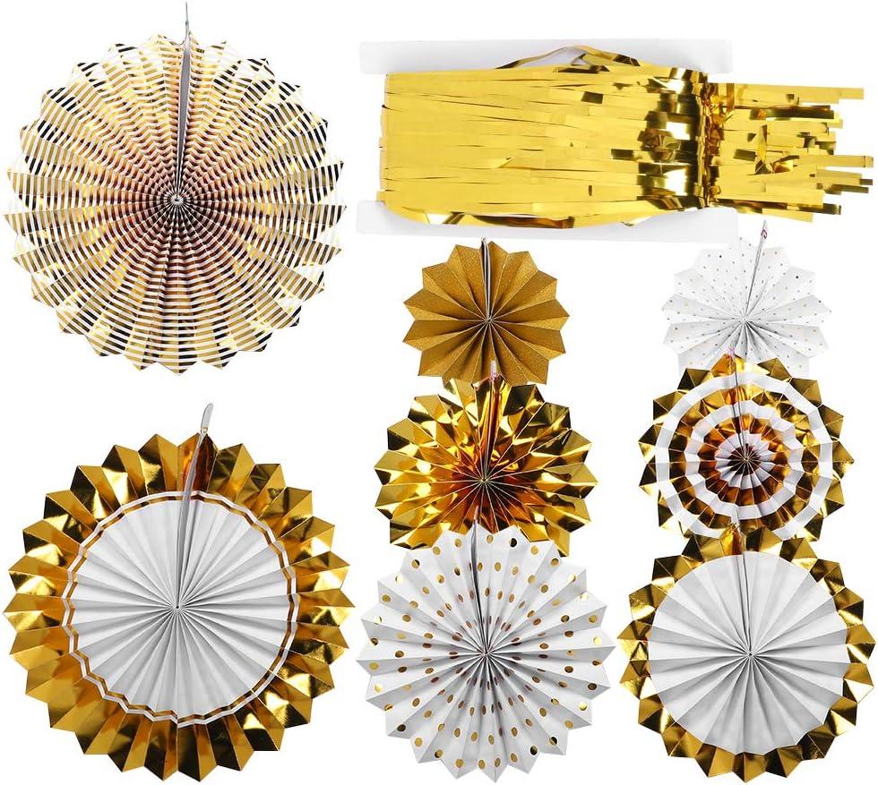 Gold Paper Fans Hanging Paper Fans Flower Set,Decorative Hanging Paper Fans Gold Tassel Curtain Ornaments,Kids Party Decorations Hanging Banner for Birthday Parties Wedding Festiva