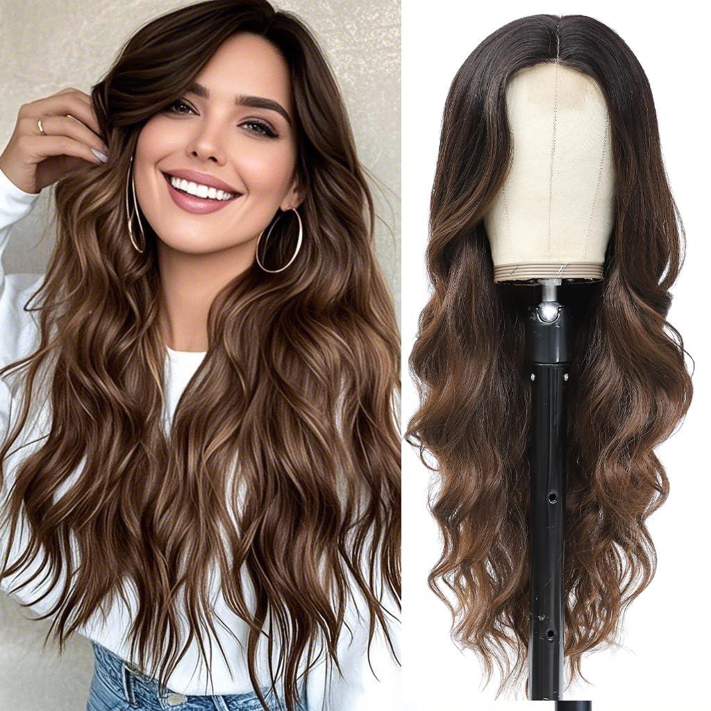 HMHIFI Long Brown Wigs for Women Ombre Brown Synthetic Hair Wig Natural Daily Hair Replacement Wigs Heat Resistant Fiber Hair Cosplay Party Wig (26in Ombre Brown)