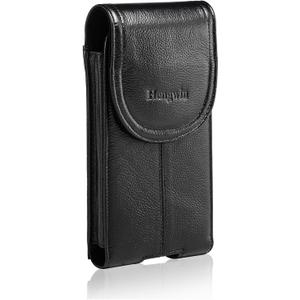 Hengwin Genuine Leather Cell Phone Holster for Belt Men, Vertical Phone Holder Belt Pouch Fits for iPhone 15 Pro Max 14 Pro Max 13 Pro Max Samsung Galaxy S24 Ultra Note9 Case with Belt Clip (Black) (Large)
