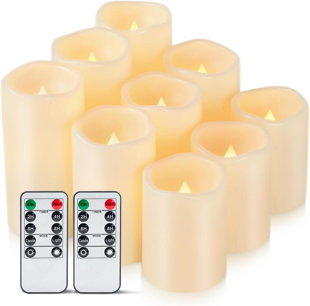 Amagic Waterproof Outdoor Flameless Candles with Timer, Battery Operated Candles with Remote Control, Electric LED Pillar Candle for Outside Patio, Garden, Wedding Decor, D3 x H4 5" 6", Set of 9 (Ivory White)