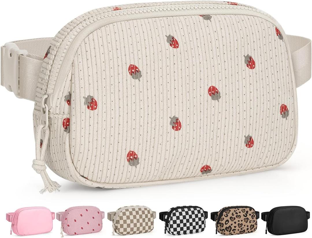 Pritent Fanny Packs for Women Cross Body Bag Waterproof Belt Bag with Adjustable Strap and Zipper Back Pocket Small Crossbody Bags Fashion Waist Packs for Workout Travelling(Strawberry Beige)
