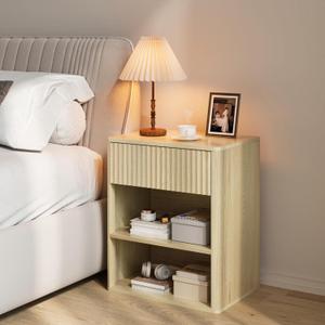 Nightstand Bedside Table Storage Drawer - Large Mid Century Modern Night Stand with Fluted Wood Drawer and Open Shelf Bed Side Table for Bedroom Study Room, Natural Oak, Set of 1