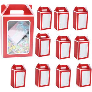 KNNSRE 12 Pcs Clear Gift Bags with Transparent Window Gift Boxes Candy Boxes Flower Boxes 9.8x5.1x7.1 Inch Medium Paper Bags with Handle For Party Business Birthday Wedding Present (RED)