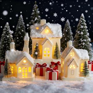 Timer: White Ceramic Christmas Village Houses, 3Pcs Light Up Christmas Village Sets with 4Pcs Trees, LED Lighted Tabletop House Figurines for Home Decor, Winter Holiday, Xmas Gift