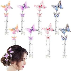 BBTO 4 Pcs Tassel Butterfly Hair Clips & Pins - Cute Organza Hanging Ear Hair Accessories for Bride & Wedding Party Women(Bright Color)