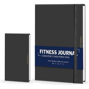 Fitness Journal, Workout Journal for Women & Men, Hard Cover Leather Fitness Planner, Workout Log Book With Gym Goals, Calendar, Progress Tracker (Black)