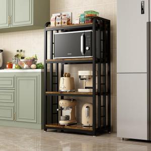 4-Tier Kitchen Baker's Rack with Rolling Wheels, Microwave Oven Cart Stand, Adjustable Utility Shelving Storage Unit, Heavy Duty Organizer Rack for Living Room, Garage, Home and Office(Brown), Medium to Large