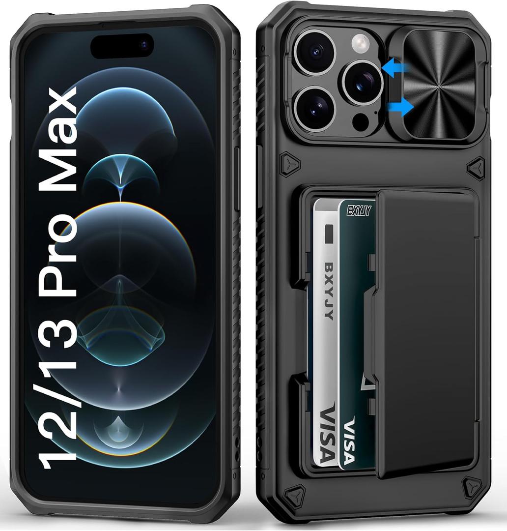 BXYJY for iPhone 12 Pro Max & 13 Pro Max Case Wallet, Card Holder (4-5 Cards), Slide Camera Cover, Military Drop Protection, Rugged Heavy Duty Men Women Phone Case for iPhone 12 Pro Max, Black